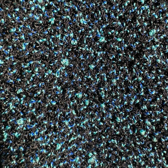 St. John bouclé tweed knit blazer in speckled blue & black w fringe trim Sz 12 - Picture 8 of 15